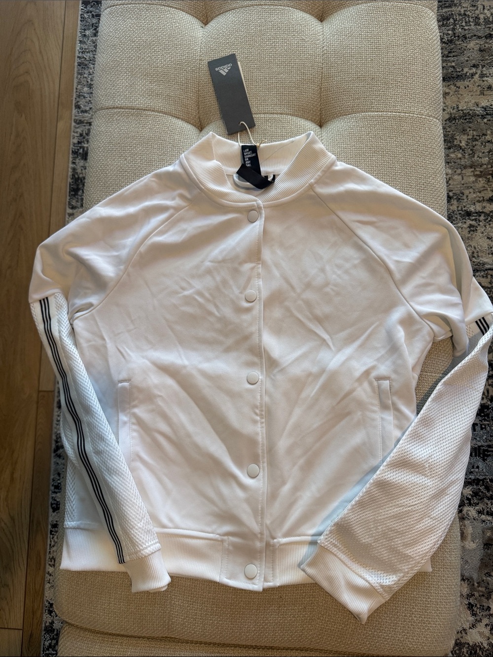 adidas White Snap-Front Track Jacket with Black Three-Stripe Sleeves